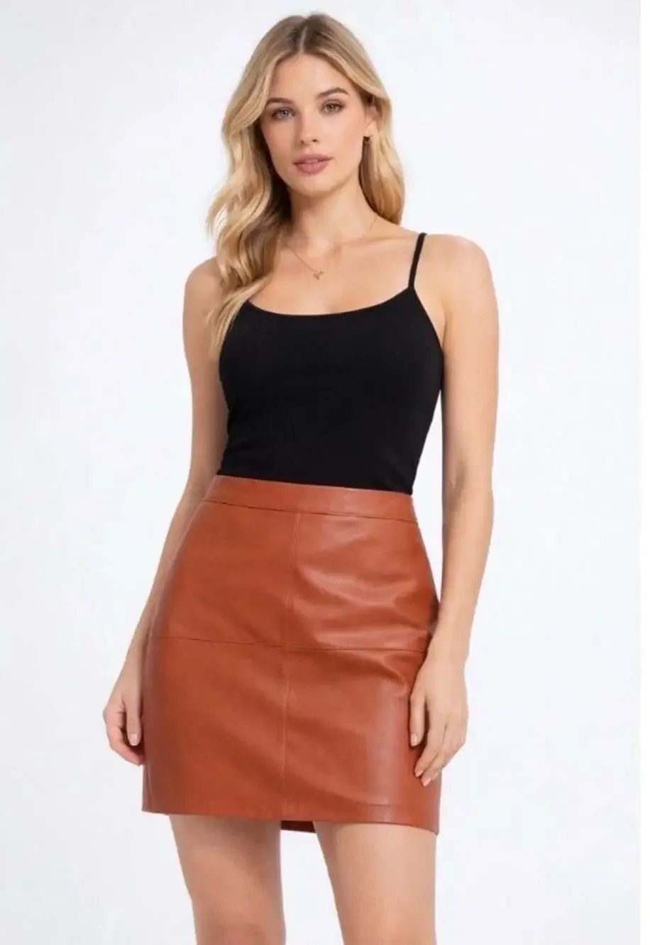 Shine Star Faux Leather Mini Skirt Womens Small Brown Cognac NWT High Waist